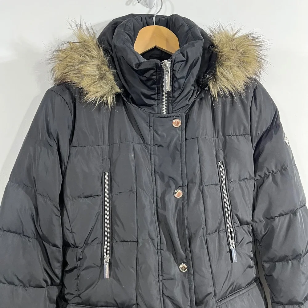 Michael Michael Kors Black Puffer Coat Faux Fur Hood Belted Winter Jacket Large